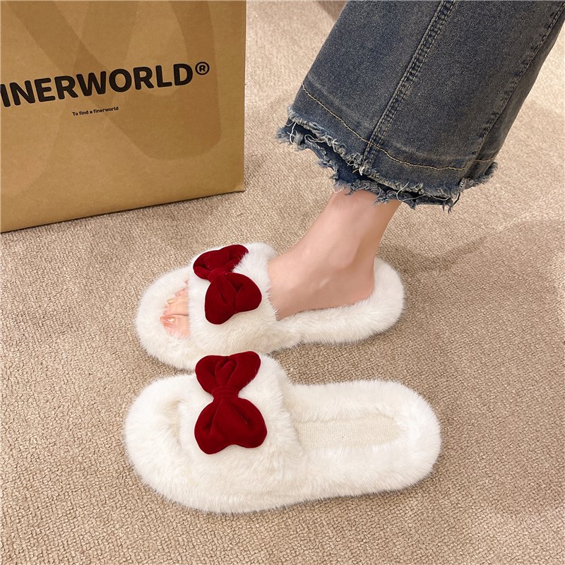 Cute Bow-Knot Furry Outdoor Slippers for Women, 2023 Early Autumn New Style, Home Warm Flat-Soled Niche Slip-On Slippers