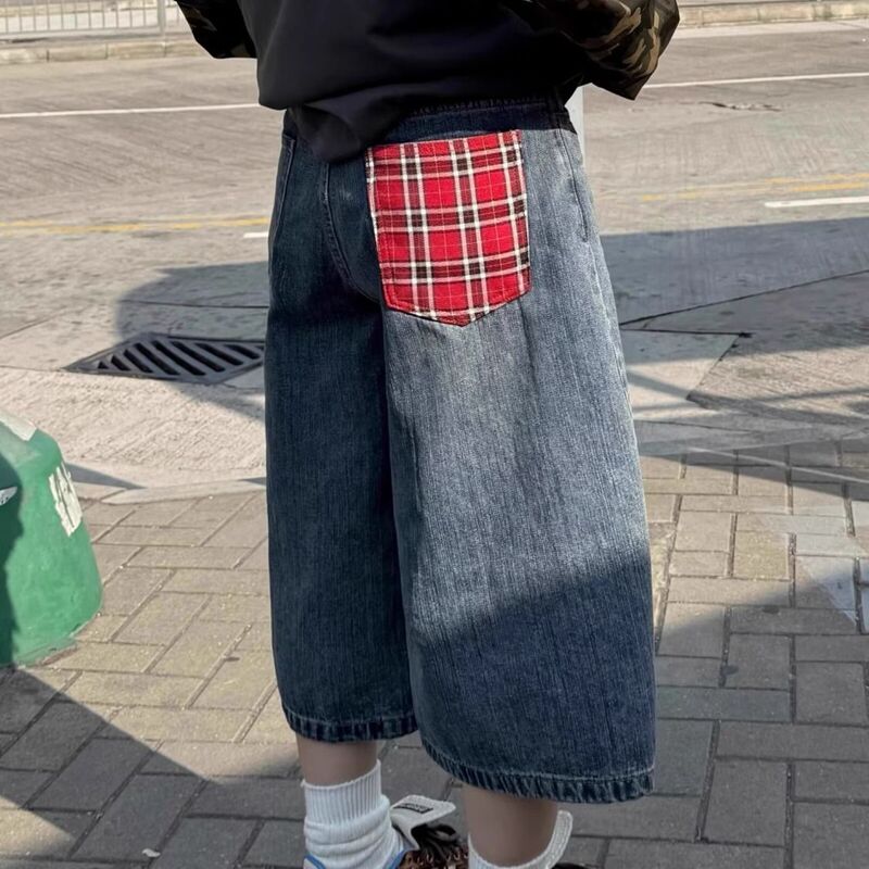 American Retro Plaid Patchwork Cropped Jeans for Men and Women, Spring and Summer High Street Design, Loose Straight Wide-Leg Pants