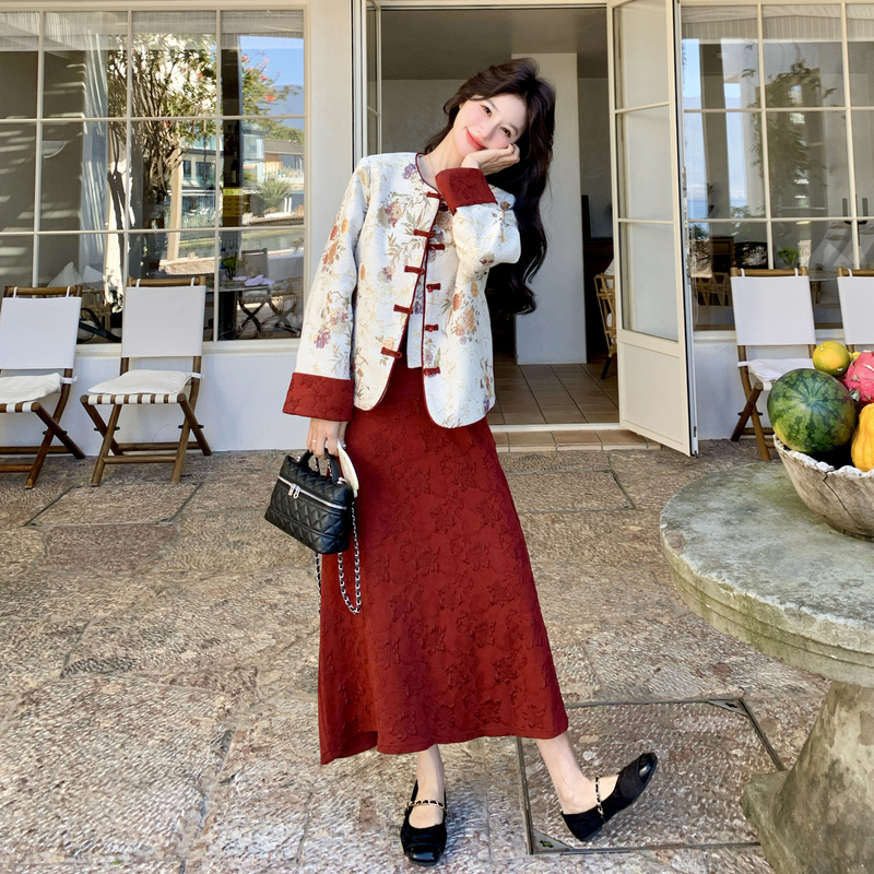 Red Gentle and Elegant New Chinese Style National Style Suit Skirt for Women 2026 Autumn New Coat and Skirt Two-Piece Set