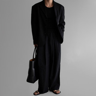 Ramie Suit Set with Notched Lapel Blazer for Men, Spring and Autumn Wide-Leg Casual Pants, Business Commuting Two-Piece Set