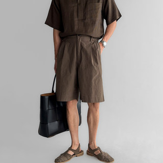 American Retro Elastic Waist Shorts for Men, Summer Nylon Double Pleated Straight Wide-Leg Knee-Length Casual Pants