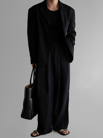 Ramie suit, flat lapel suit jacket, men's spring and autumn wide-leg casual pants, business commuting two-piece set