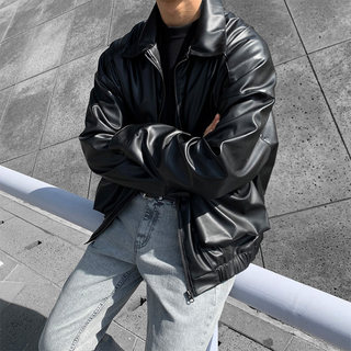 Men's Leather Jacket with a Hong Kong Style Retro Loose Fit, Trendy and Versatile, Cool and Casual Biker Jacket