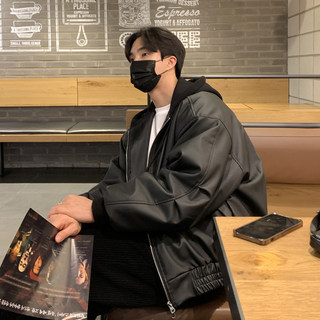 Men's Leather Jacket, Stylish Men's Leather Clothing, Korean Style, Versatile, Loose-Fitting, Biker Hooded Cotton Jacket