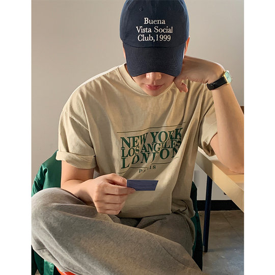 Short-sleeved men's Hong Kong style ins casual retro washed t-shirt summer trend fashion simple solid color versatile half-sleeved top