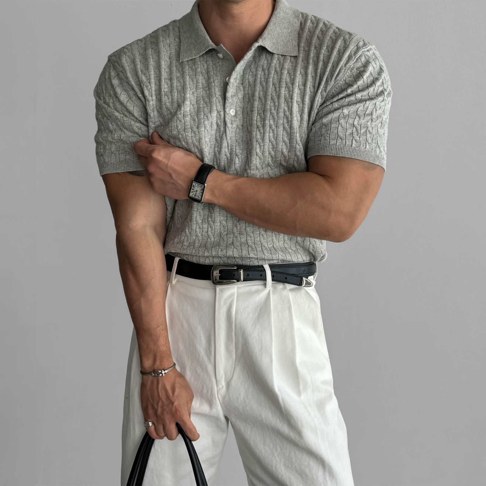 К knitted polo, рубашка для зала, эластичная ретро футболка, с коротким рукавом, американский стиль, slim fit