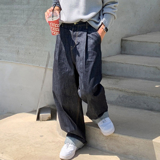 Black jeans men's spring and autumn trendy brand handsome drape workwear wide-leg pants high-end straight-leg loose trousers