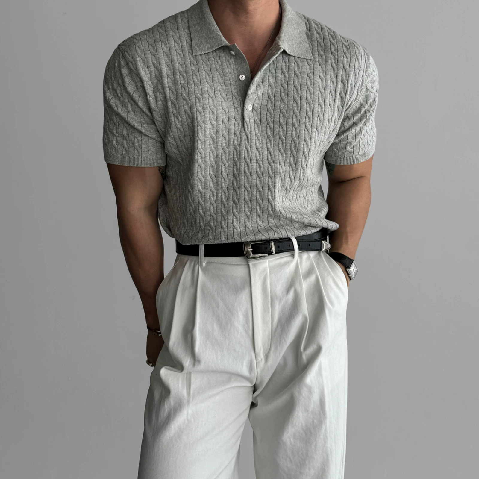 К knitted polo, рубашка для зала, эластичная ретро футболка, с коротким рукавом, американский стиль, slim fit