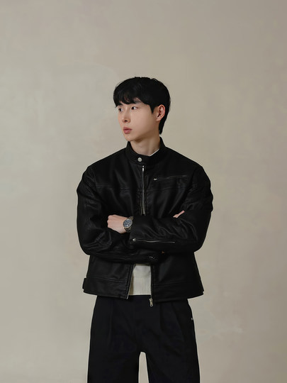 American-Style Short Pu Motorcycle Leather Jacket for Men, Spring and Autumn, Vintage Washed and Distressed, Cleanfit Stand Collar Flight Jacket