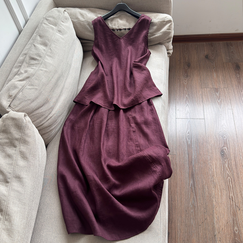 Mall Brand Ioo% Linen Sleeveless Vest with Beautiful Back Design T-Shirt + Long Skirt Two-Piece Set H20Btz6311