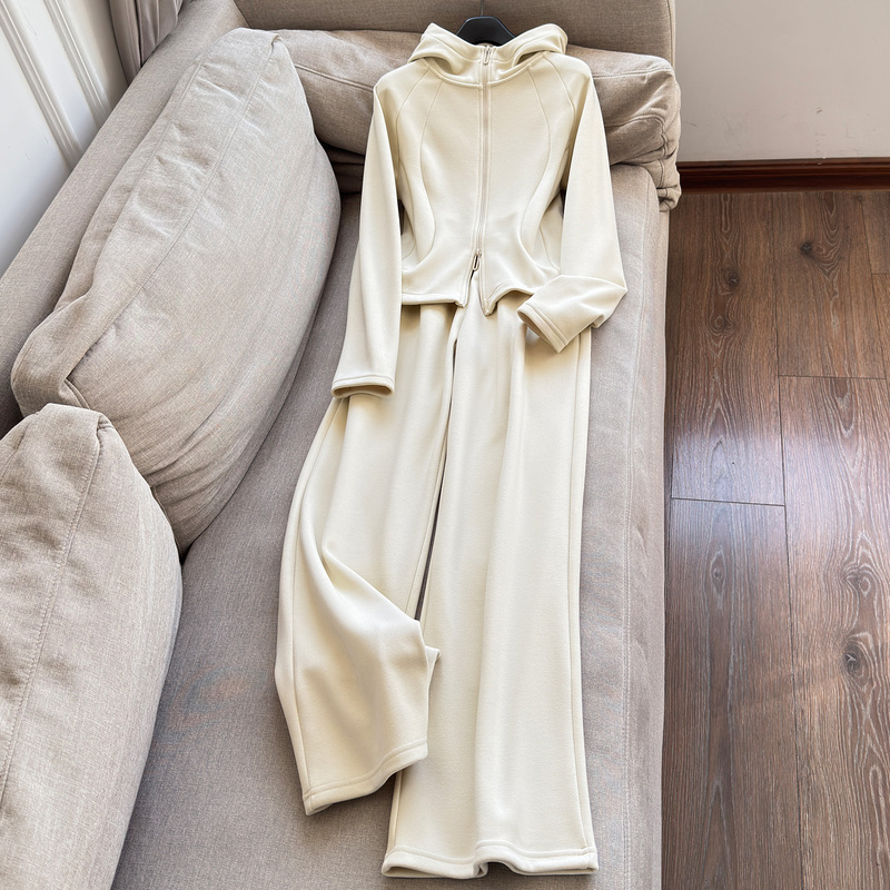 New Core Energy Cloud Warm and Soft Waist-Cinching Hooded Sweatshirt + Slightly Flared Long Pants Sweatpants Two-Piece Set H12Cwy31
