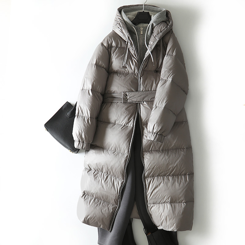 Grey & No BeltOut of season plus thickening White Velvet 350 + gram Pile filling light soft keep warm Long sleeve Hooded have more cash than can be accounted for Velvet suit Down Jackets female