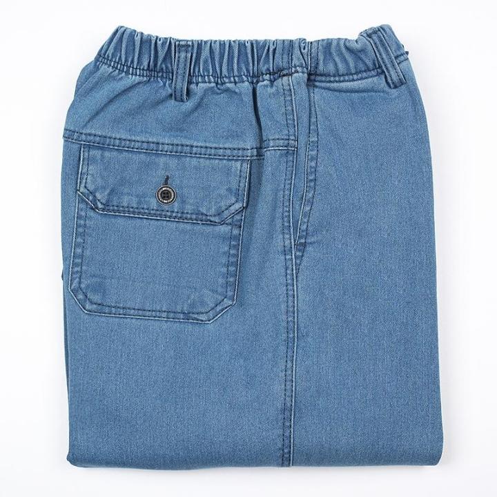 Mùa xuân và mùa thu mẫu trung niên và tuổi già lỏng lẻo eo cao nam quần dài thun thun quần jeans bố giải trí cộng với phân bón XL quần áo big size nam