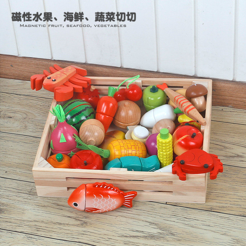 New fruit and vegetables seafood Checher wooden children's simulation kitchen home combination toy birthday gift