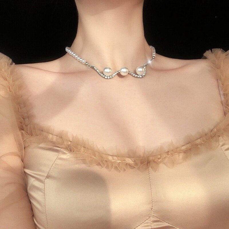 Modern retro inlaid super flash rhinestone elegant zircon full diamond pearl clavicle chain necklace goddess choker neckband