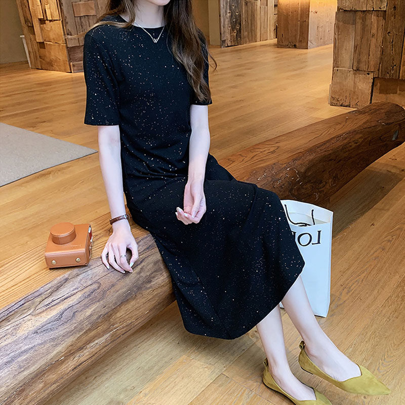 Add fat and increase summer Korean version of loose sequins to be thin and slim fat sister dress female bottoming mid-length skirt