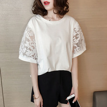 Plus fat plus size summer fat sister hollow mesh stitching t-shirt womens short-sleeved loose solid color backing 200 catties