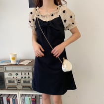 Plus fat large size summer dress fat mm stitching chiffon polka dot small black dress loose and thin bottom lining 200 catties
