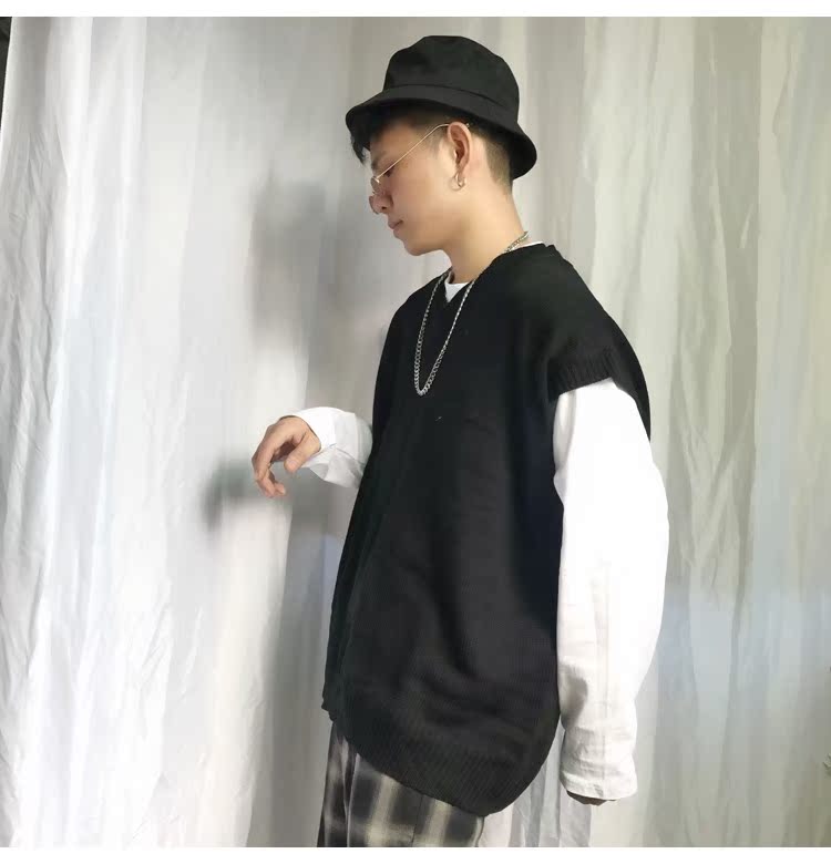 Hồng Kông gió in áo len không tay áo len hip hop vest vest tay áo vest nam xu hướng đại học thẻ lỏng áo len kiểu hàn quốc
