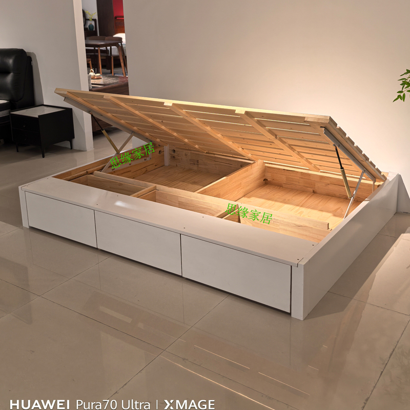 Tatami Storage Bed with Side-Opening Three-Drawer Air-Pressure High Box Bed, Small Apartment Wardrobe Bed, Solid Wood Water-Based Paint Double Bed