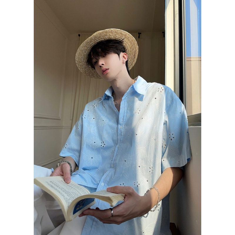 Dig1 Club Summer Breathable Retro Beach Hollow Design Floral Shirt Men's Cool Casual Blue Shirt