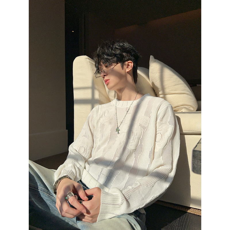 Dig1 Club【White Woven Pattern】French Retro Hollow Pattern Knitwear for Men and Women, Autumn Casual Sweater
