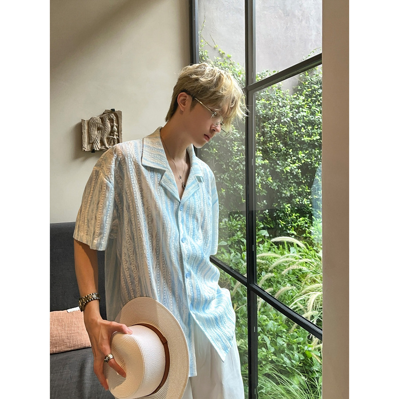 Dig1 Club Old Money [Ice Pattern Early Summer] Cuban Collar Hollow Short-Sleeve Shirt Men's Summer Casual Shirt Trendy