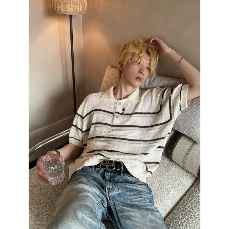Dig1 Club Retro [Milk Apricot Coffee] Old Money Style Color-Block Striped Polo Shirt for Men, Summer Loose T-Shirt Trendy