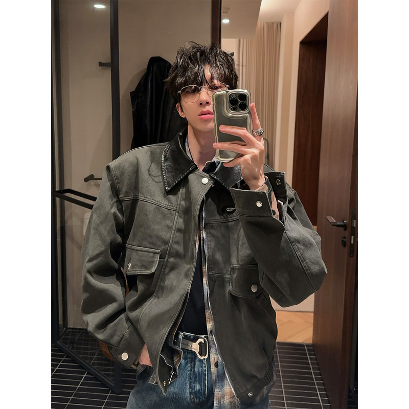 Dig1 Club American Retro Barn Style Vintage Gray-Green Color-Block Lapel Jacket for Men, Autumn and Winter Loose Coat, Trendy Dig1 Club American Retro Barn Style Vintage Gray-Green Color-Block Lapel Jacket for Men, Autumn and Winter Loose Coat, Trendy