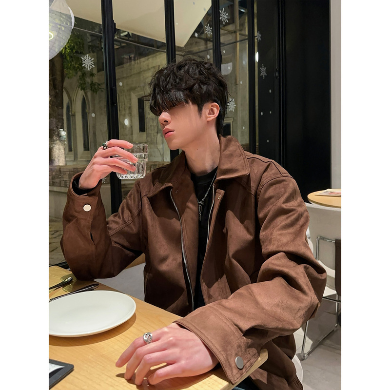 Dig1 Club American Retro Style Melard Suede High-End Lapel Jacket for Men, Versatile Spring and Autumn Coat, Trendy