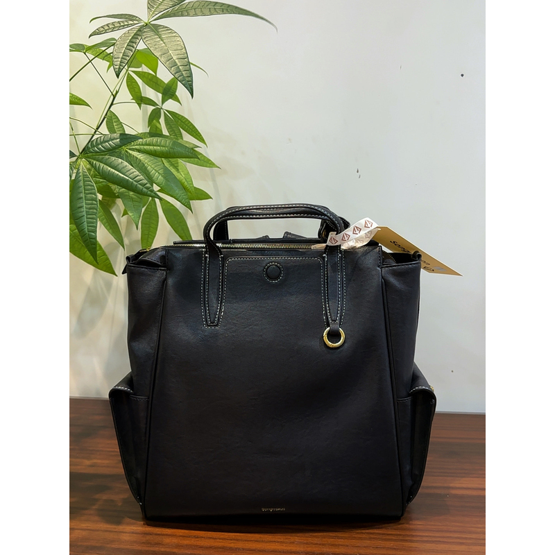 Textured Vegetable-Tanned Leather Commuter Backpack, Celebrity Style Travel Backpack—Small Size in Smoke Ink Black—2067-1