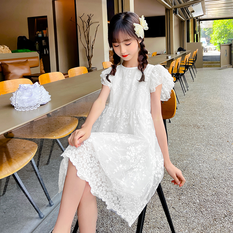 Children's Summer Lace Dress 2026 New Style Girls' Stylish Princess Dress for Older Kids Summer White Gauze Dress