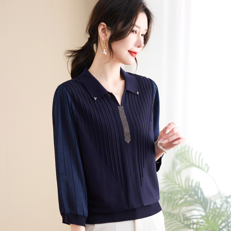 Ordos City Mom's Spring Thin Knitted Stylish Blouse for Middle-Aged and Elderly Women, Age-Reducing Loose Fit with Sheer Sleeves