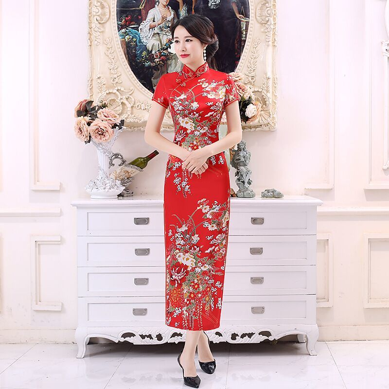  M+Long cheongsam flowers big red  