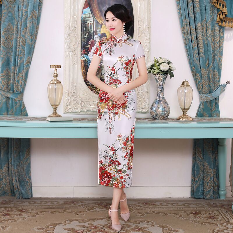  XXXL+Long cheongsam flower white  