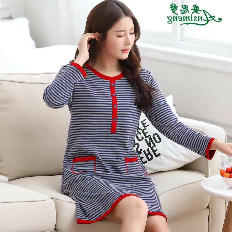 Váy ngủ thương hiệu cao cấp của phụ nữ mùa hè cotton dài tay sọc mùa xuân và mùa thu váy ngủ cotton mỏng cộng với kích thước mùa thu - Đêm đầm