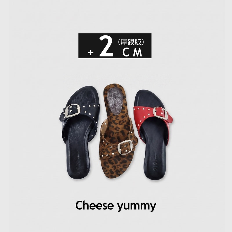 Cheese Yummy Retro Leopard Print Studded Slip-On Sandals with 2cm Height Increase, Casual Flat Sandals That Are Comfortable and Don'T Tire Your Feet