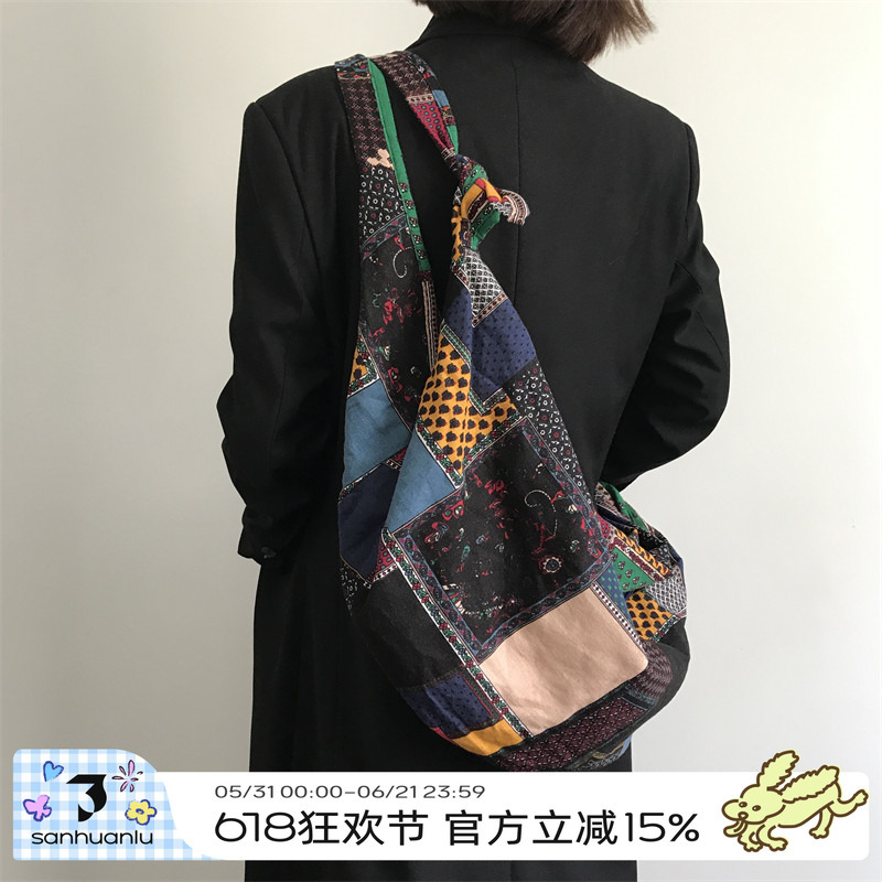 Three-Ring Road Colorful Ethnic Patchwork Checkered Shoulder Bag Remake Large-Capacity Canvas Backpack Multi-Purpose Crossbody Bag Three-Ring Road Colorful Ethnic Patchwork Checkered Shoulder Bag Remake Large-Capacity Canvas Backpack Multi-Purpose Crossbody Bag