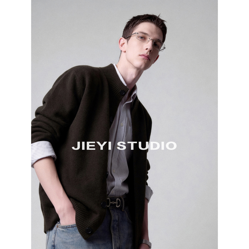 Jieyi Thickened Short Wide Boxy Lazy and Relaxed Long-Sleeved Knitted Cardigan Wool Blend Stand-Up Collar Sweater Jieyi Thickened Short Wide Boxy Lazy and Relaxed Long-Sleeved Knitted Cardigan Wool Blend Stand-Up Collar Sweater