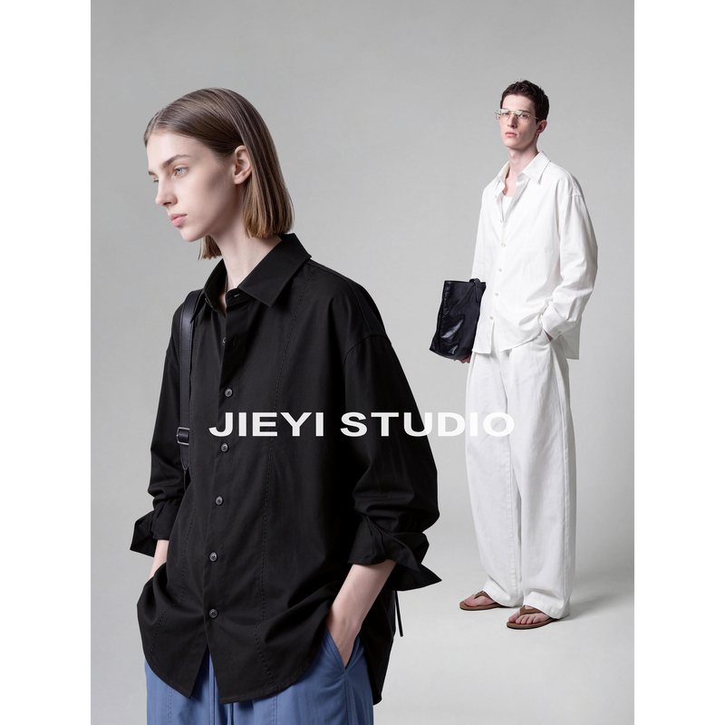 Jieyi Autumn Loose-Fitting Tencel Lyocell Cotton Blend Shirt with Solid Color Stitching and Vintage Money Style Jacket