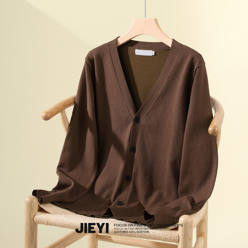 Jieyi Solid Color V-Neck Korean Retro Knitted Cardigan for Men, Layered Versatile Plain Spring Sweater Jacket Trendy