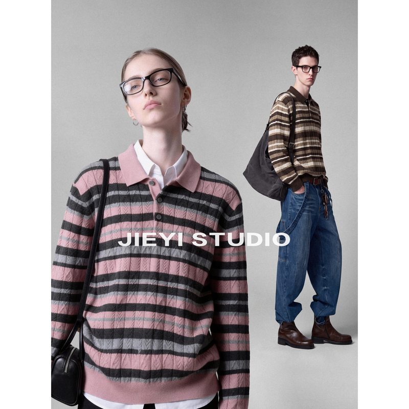 Jieyi'Silk Wool Blend' Three-Dimensional Color-Block Knit Textured Cable Knit Striped Long-Sleeve Knit Polo Shirt
