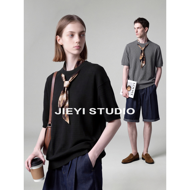 Jieyi Silk Scarf Perforated Design Relaxed French Knitwear Breathable Short-Sleeve Cotton Blend Ribbed T-Shirt for Men