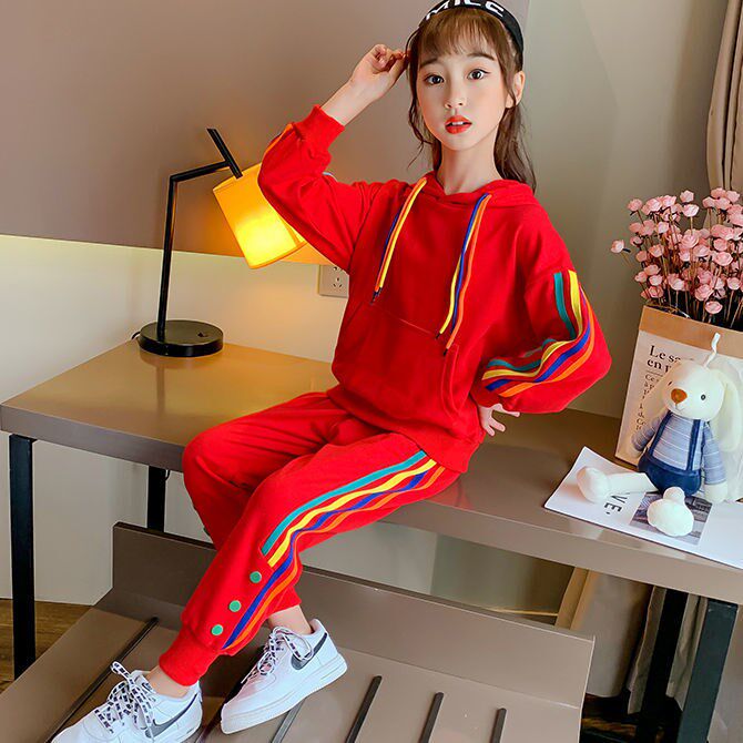 Girls' autumn suits 2022 new middle and large children's sports hooded sweatshirts Western style girls casual spring and autumn two-piece suit