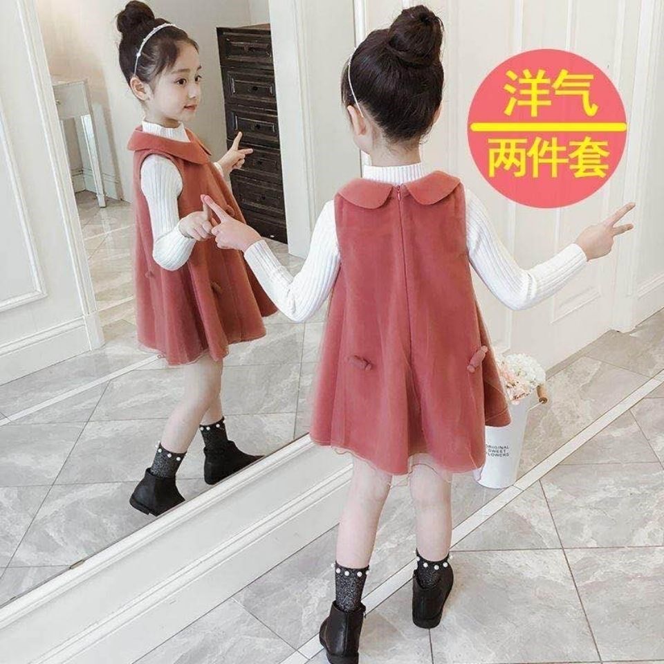 Girls 2022 autumn and winter suit dress new Korean version children's fleece two-piece vest skirt girl princess skirt