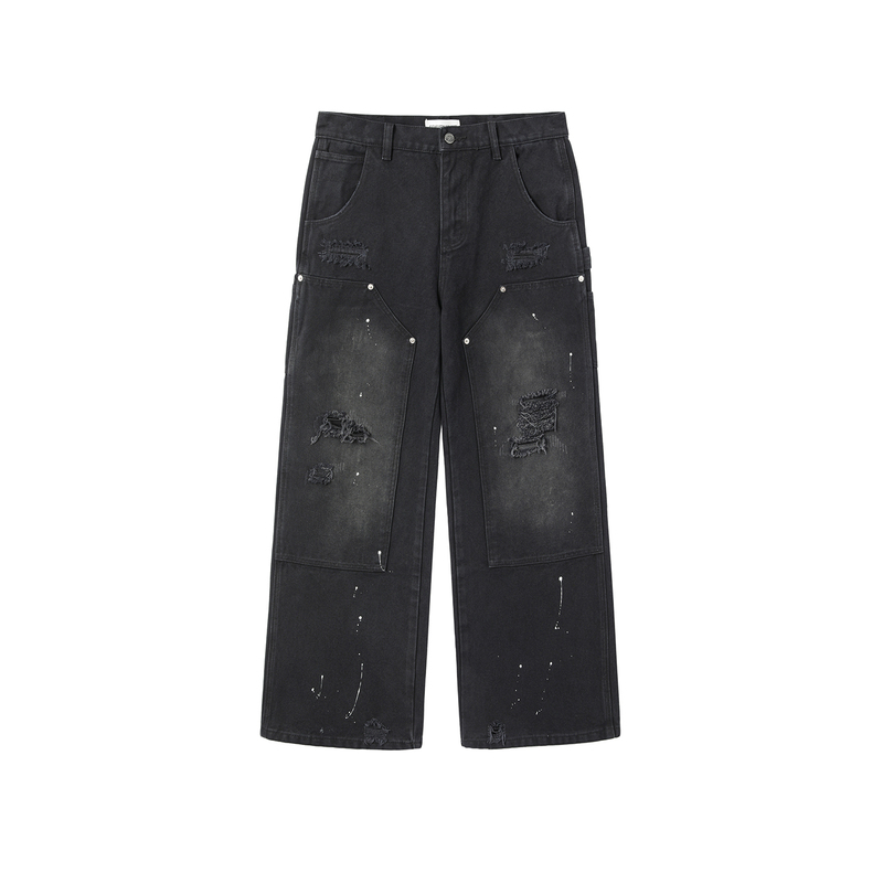 Commonselect 26Ss Washed Black Splatter Ink A-Line Straight-Leg Double-Knee Carpenter Pants Straight-Leg Work Pants