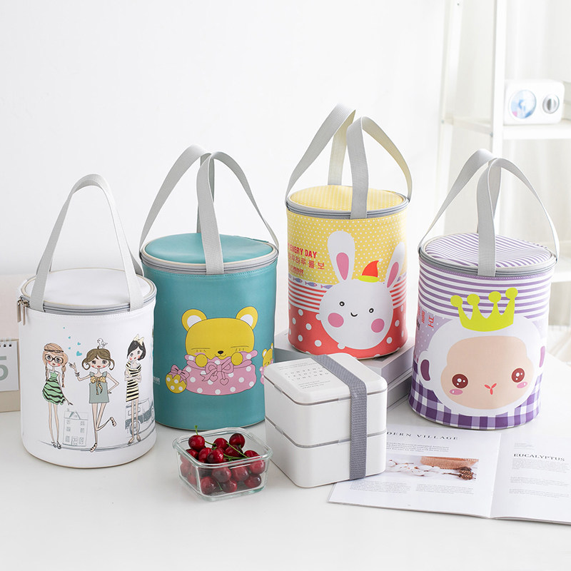 Small number round lunch box with hand leather aluminum foil lunch box with cute cartoon student body insulation carrying bag