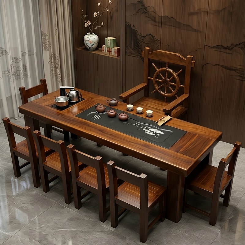 Old Boat Wood Tea Table and Chair Set, Kung Fu Tea Table, Solid Wood, for Home Use, One Table and Five Chairs, Office Commercial Use, Large-Sized Tea Table Old Boat Wood Tea Table and Chair Set, Kung Fu Tea Table, Solid Wood, for Home Use, One Table and Five Chairs, Office Commercial Use, Large-Sized Tea Table