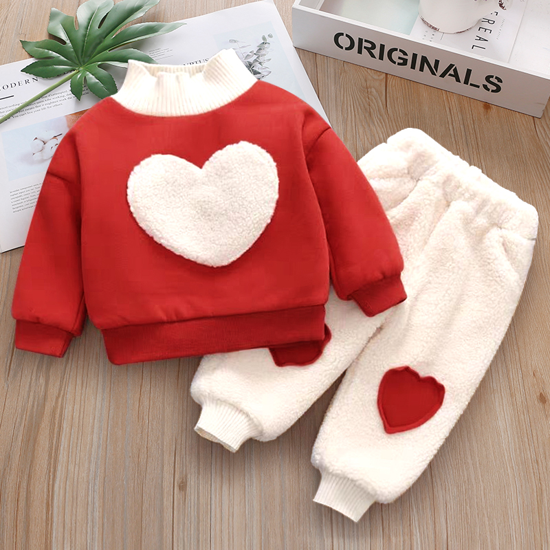 Girls ' suit 2020 winter new baby add cashmere thickened warm children's foreign air love lamb cashmere two-piece set
