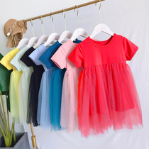 Childrens clothing Girls  dresses 2021 summer new Korean version of the female baby solid color dress childrens foreign style mesh skirt